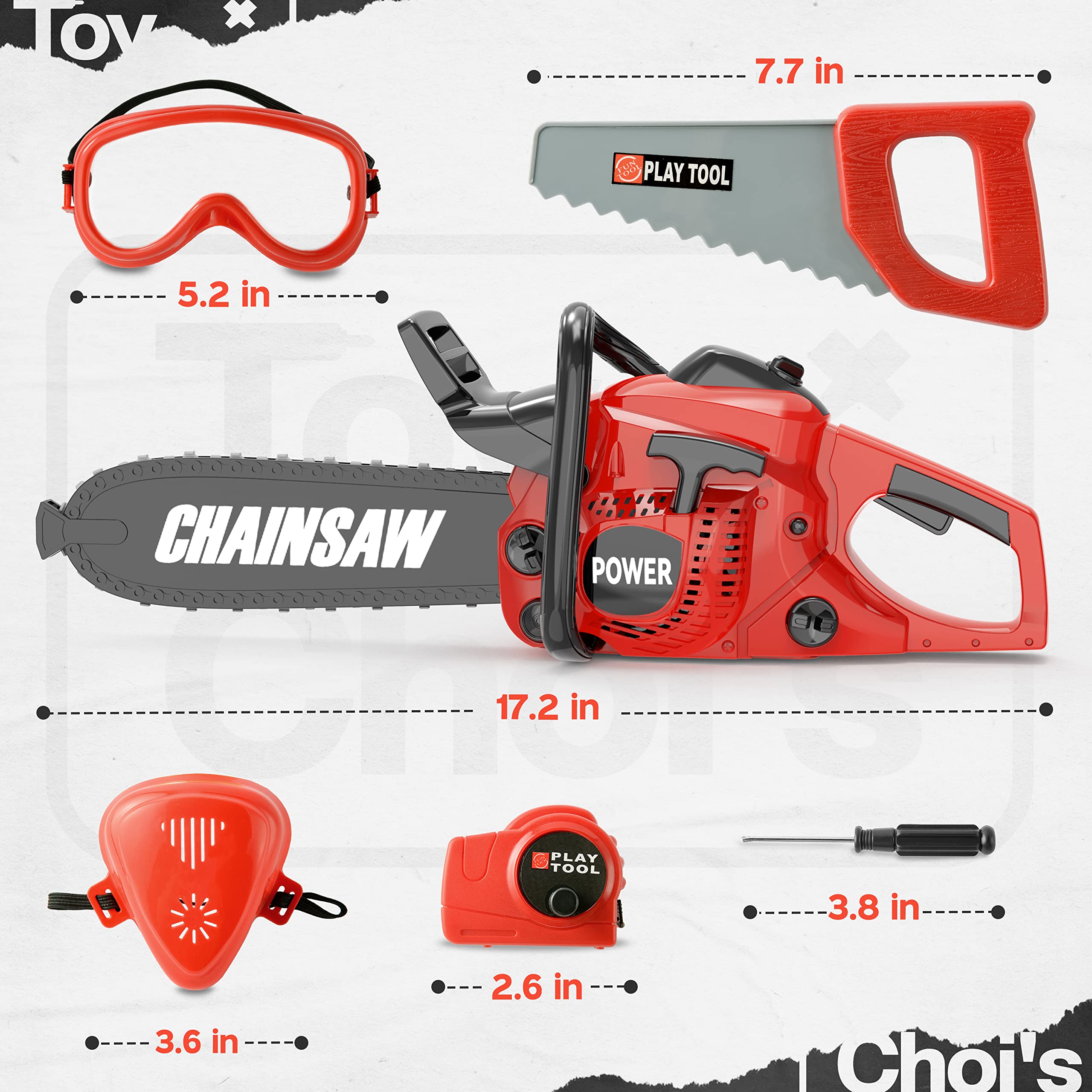 Toy Choi's chainsaw toy includes spring mechanism to prevent chain sticking.