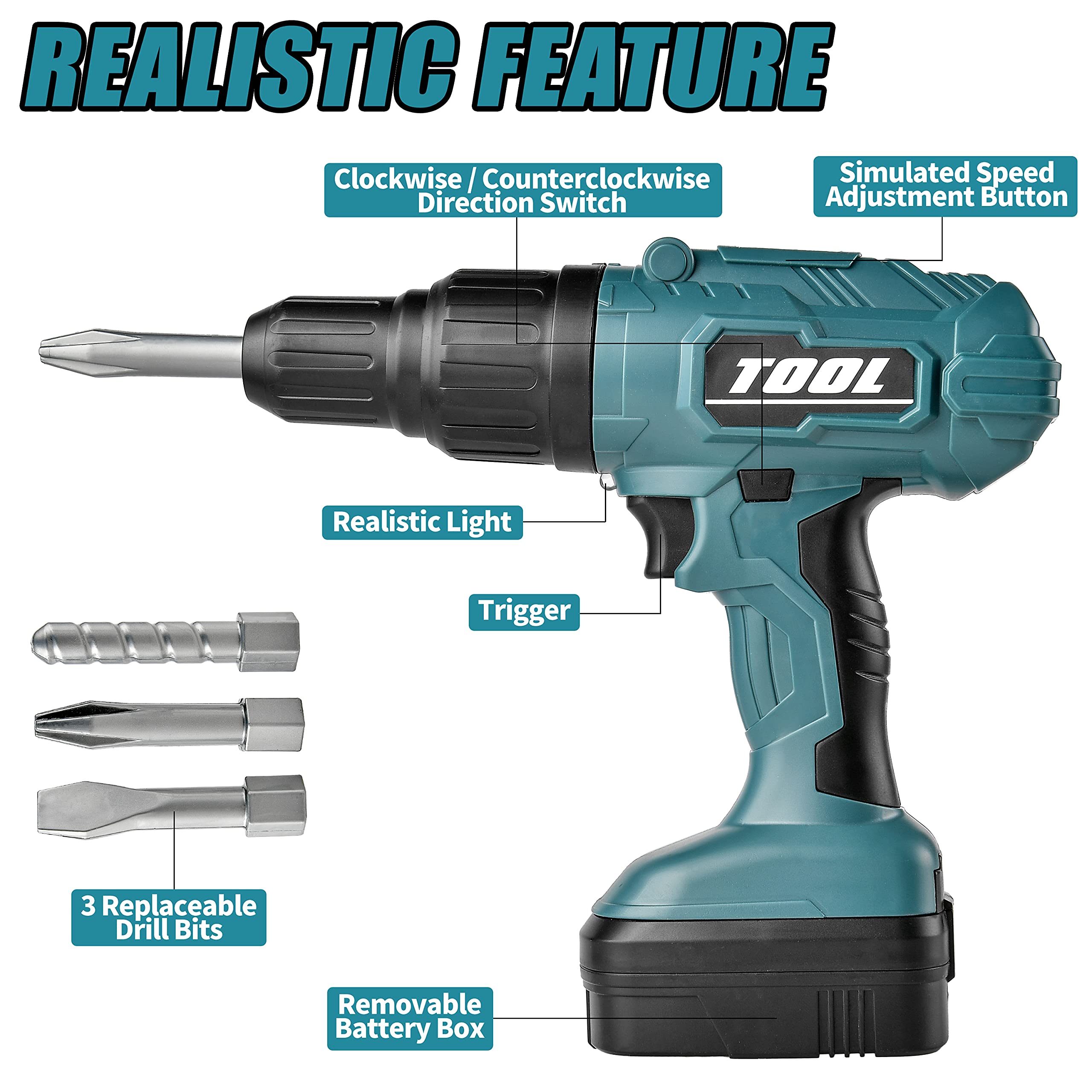 Toy Choi's Toy Drill Set green battery slot open highlights easy power access for kids.