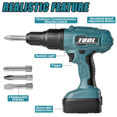 Toy Choi's Toy Drill Set green battery slot open highlights easy power access for kids.