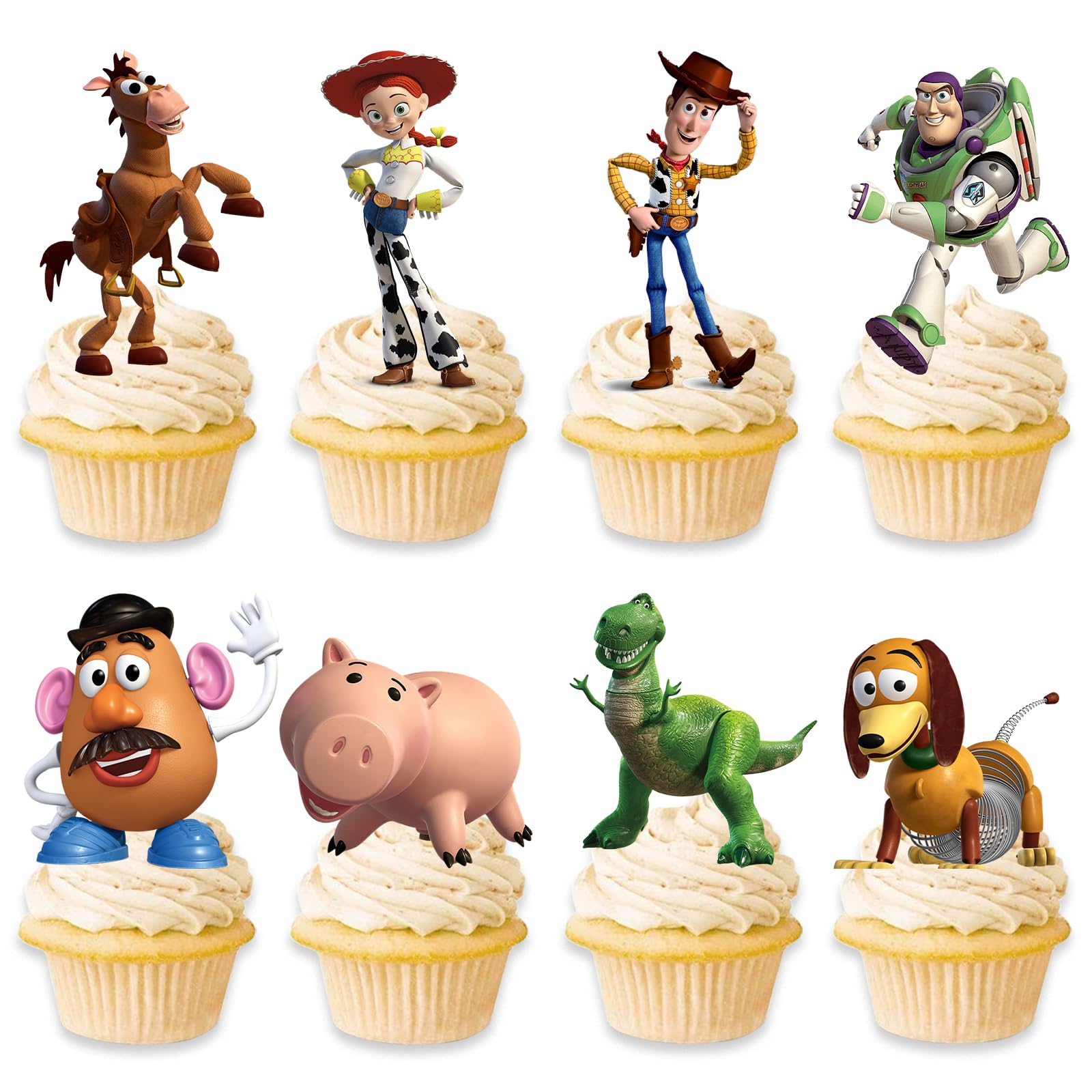 Toy Inspired Story cupcake toppers close up cards for stylish party desserts.