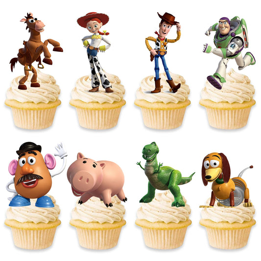 Toy Inspired Story cupcake toppers close up cards for stylish party desserts.