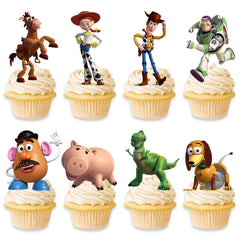 Toy Inspired Story cupcake toppers close up cards for stylish party desserts.