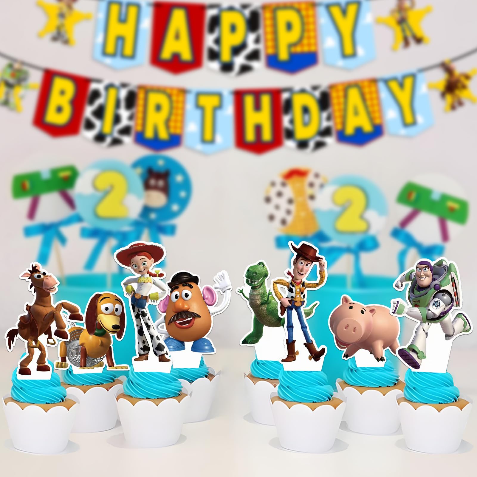 Toy Inspired Story toppers on a cupcake displaying eight playful designs.