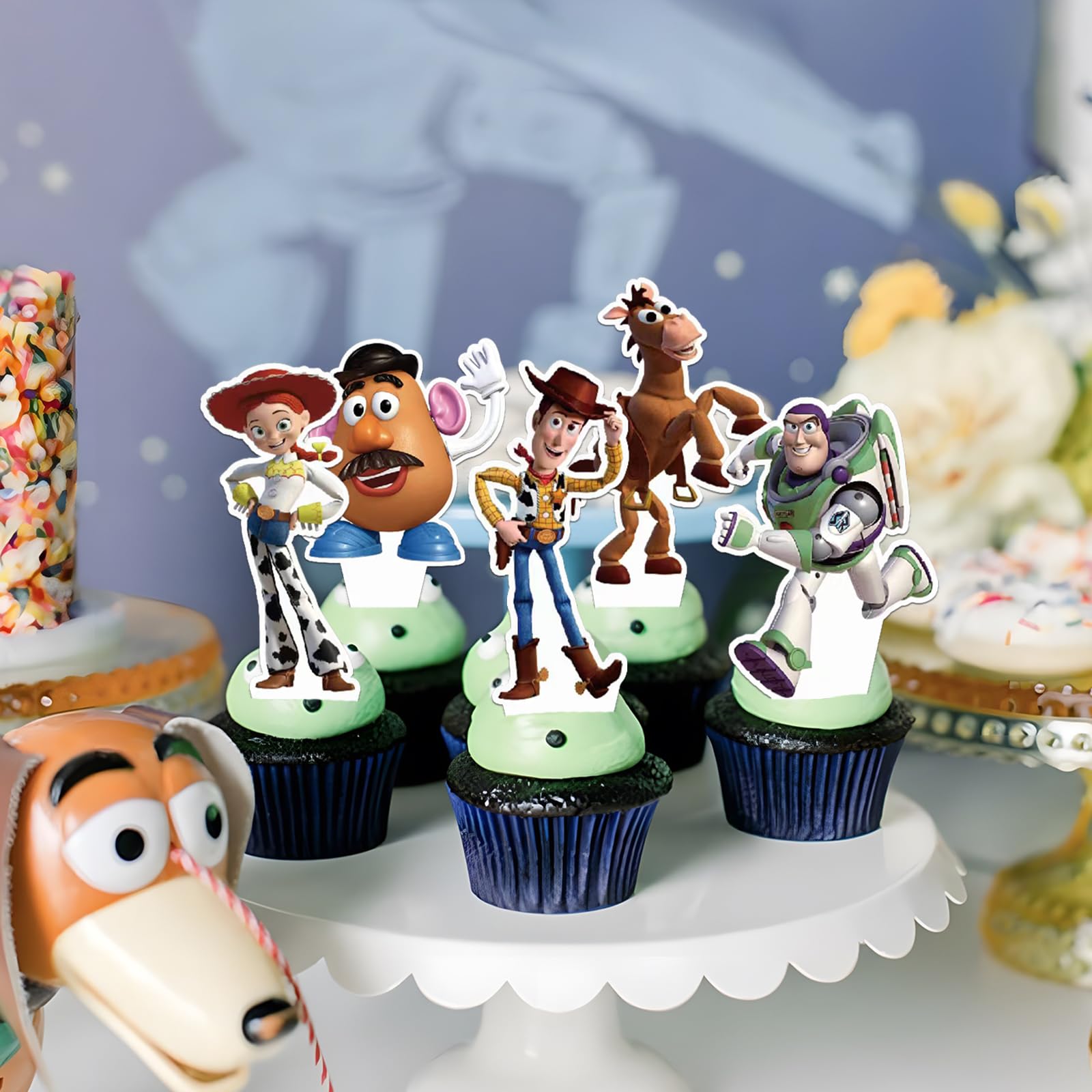 Toy Inspired Story toppers on a dessert table adding whimsy to celebrations.