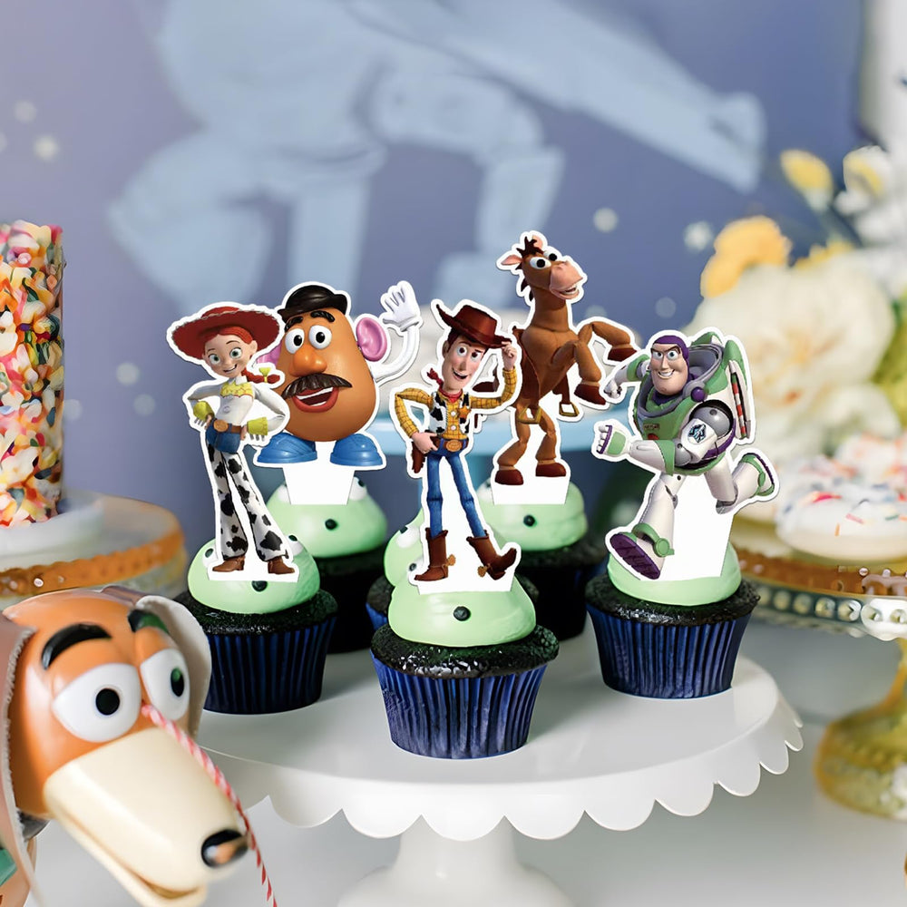 Toy Inspired Story toppers on a dessert table adding whimsy to celebrations.