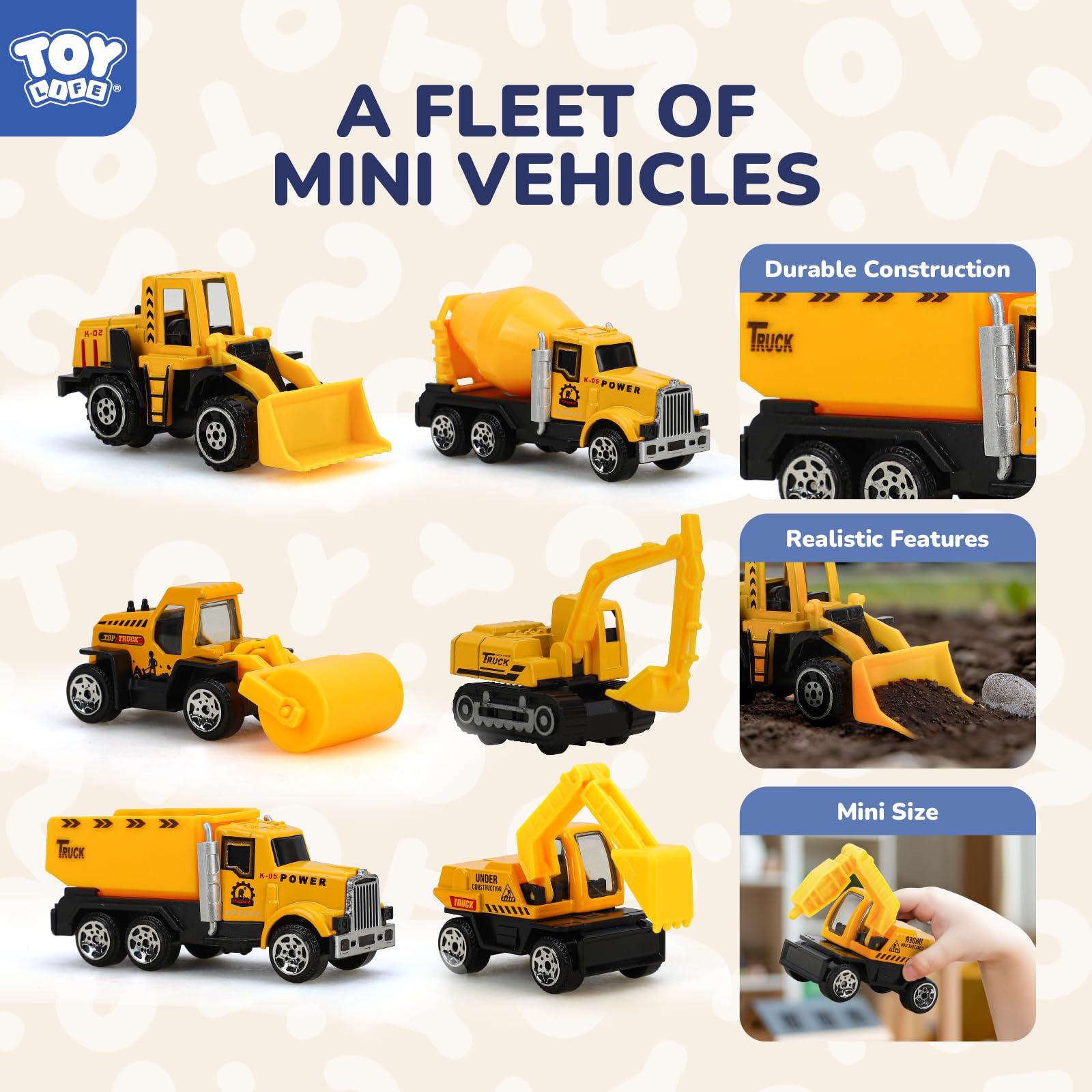 TOY Life cake toppers featuring detailed construction vehicles