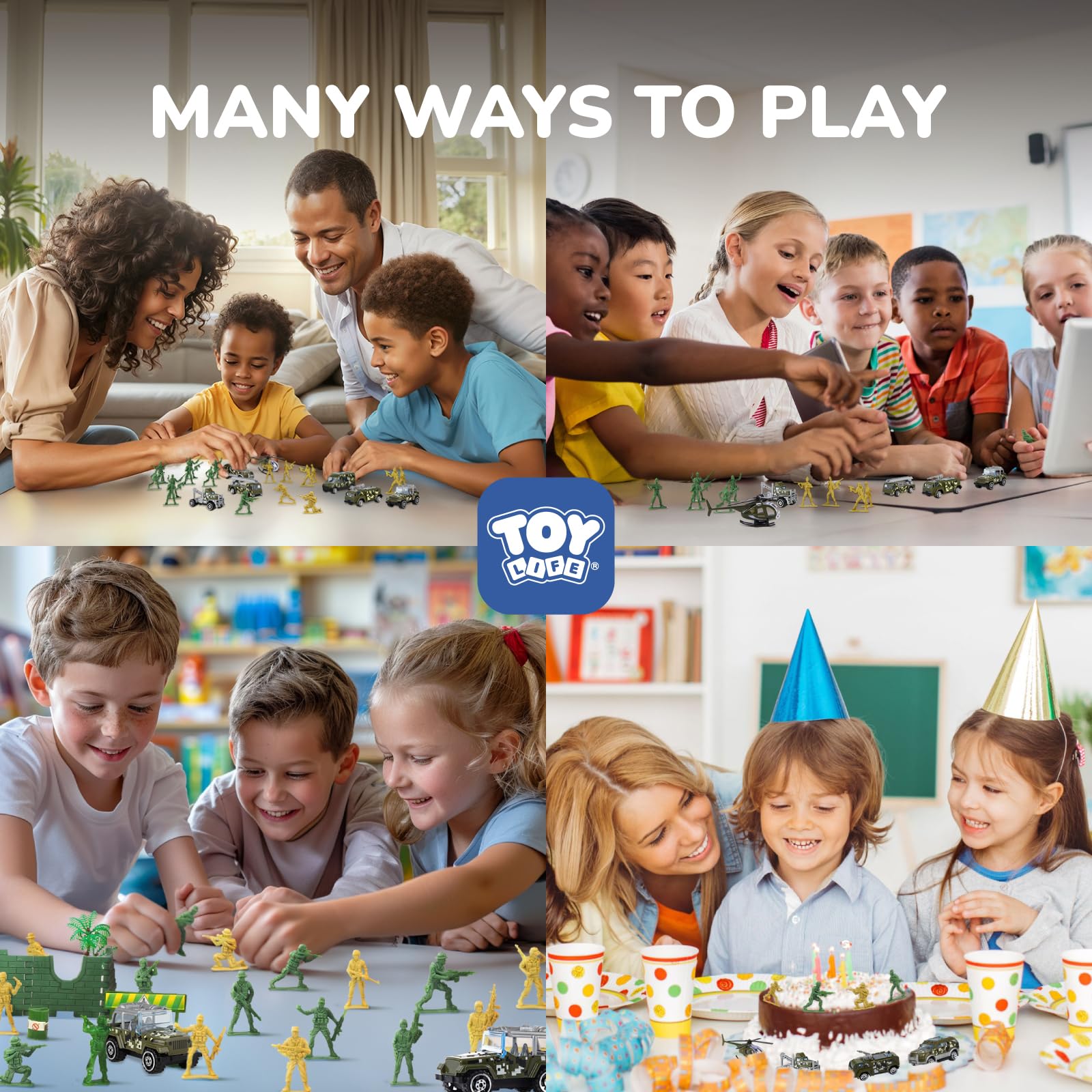TOY Life playset scene with soldiers and vehicles for cooperative play.