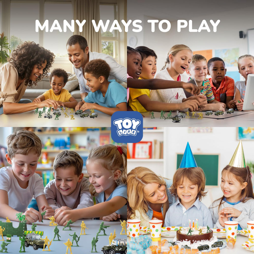 TOY Life playset scene with soldiers and vehicles for cooperative play.