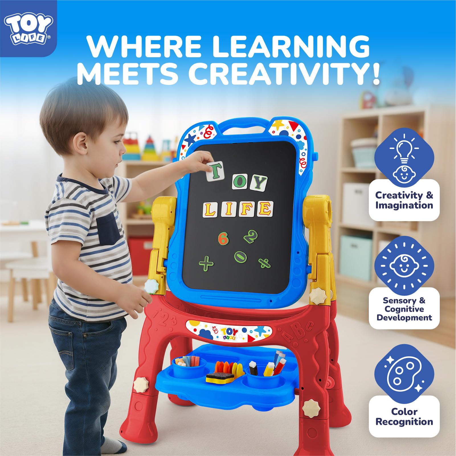 TOY Life Art Easel chalkboard supports traditional drawing and doodling with chalk.