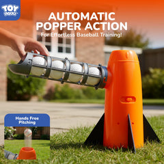 TOY Life pitching machine in backyard with kids practicing swing and timing.