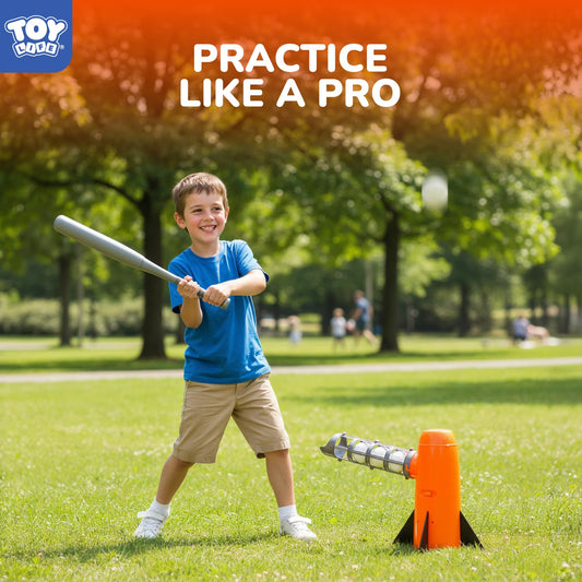 TOY Life pitching machine launcher close-up showing automatic ball feed for smooth sessions.