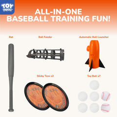 TOY Life pitching machine with sticky gloves designed to simplify catching practice.
