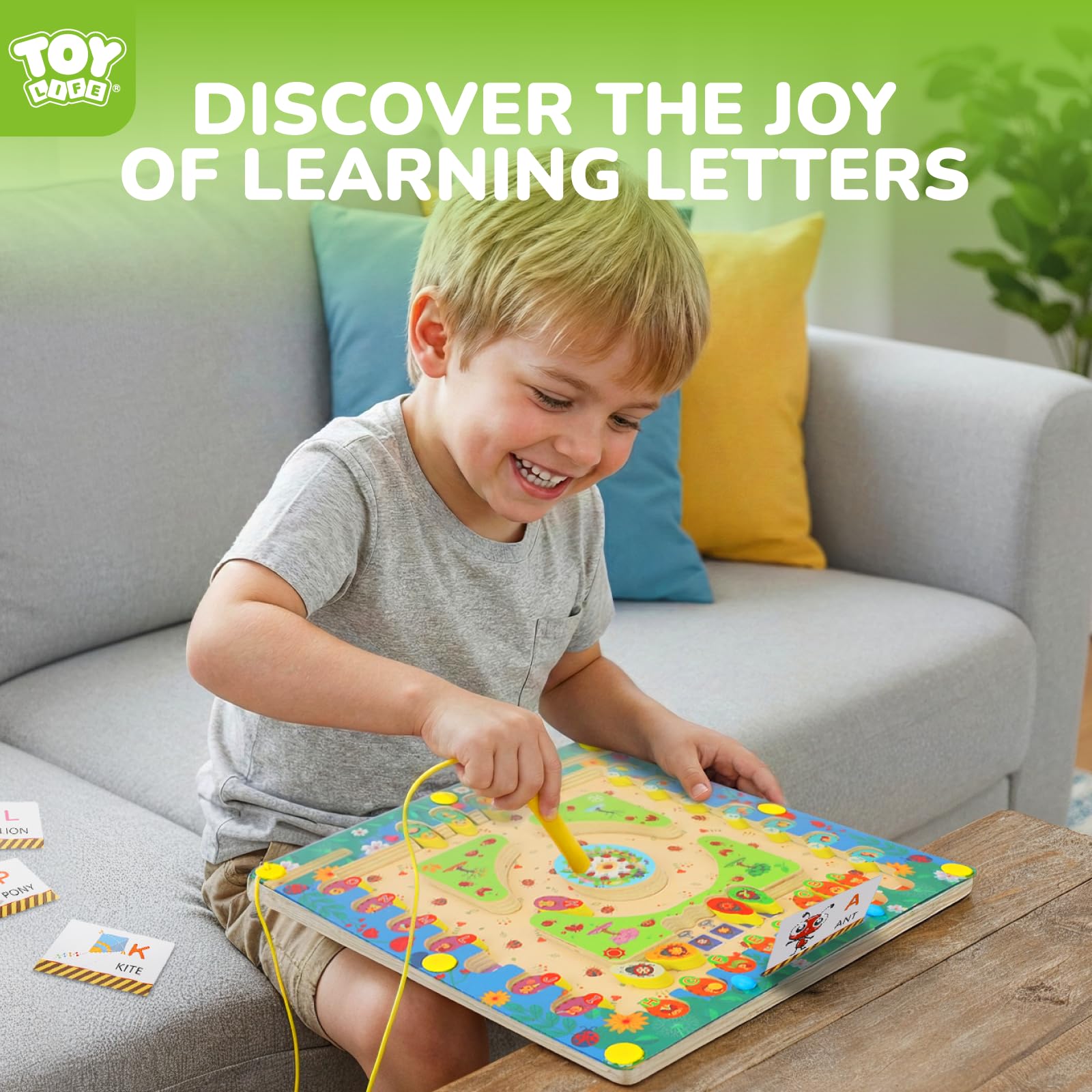 TOY Life beads and alphabet matching feature, supporting letter recognition through interaction.
