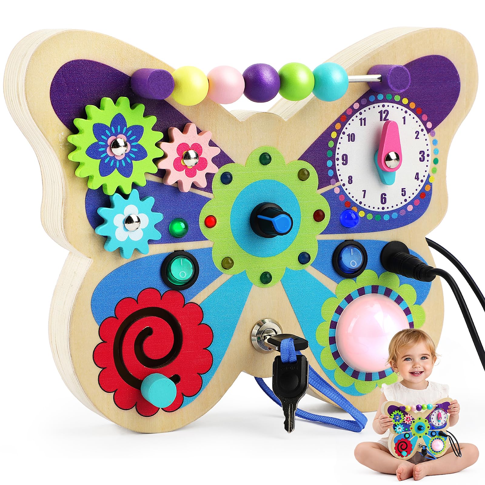 TOY Life butterfly busy board closed view promotes portable tactile play.