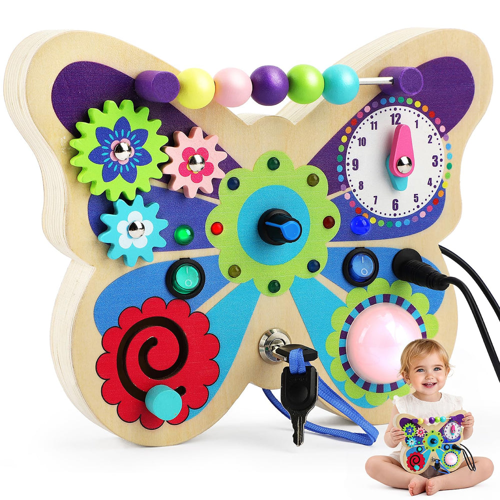 TOY Life butterfly busy board closed view promotes portable tactile play.