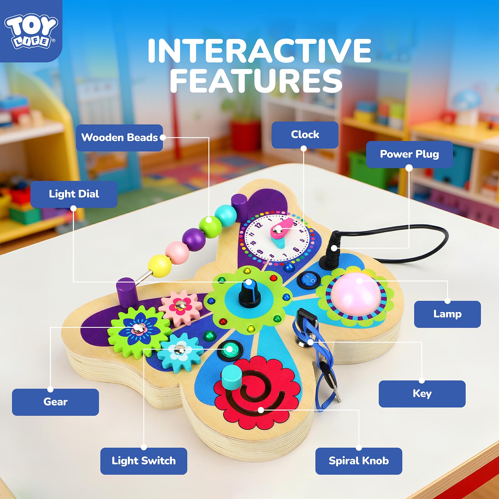 TOY Life butterfly busy board flower-lights view delights toddlers during quiet play.