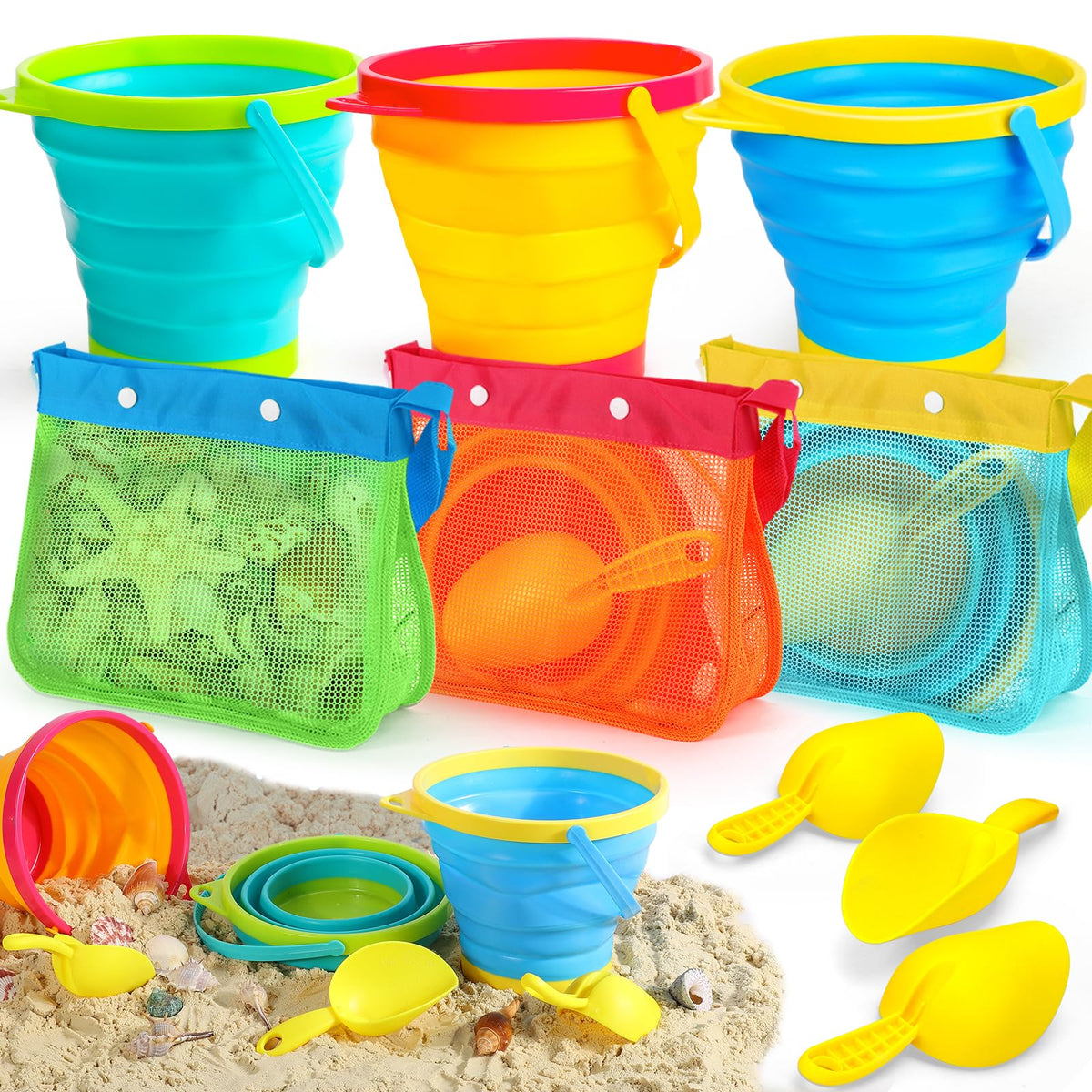 TOY Life collapsible beach bucket with shell bags for easy transport.