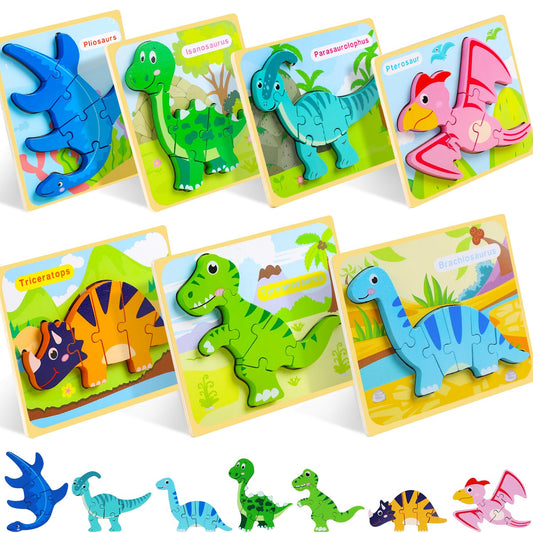 TOY Life 7-piece dinosaur wooden puzzle set for toddlers boosts early spatial skills