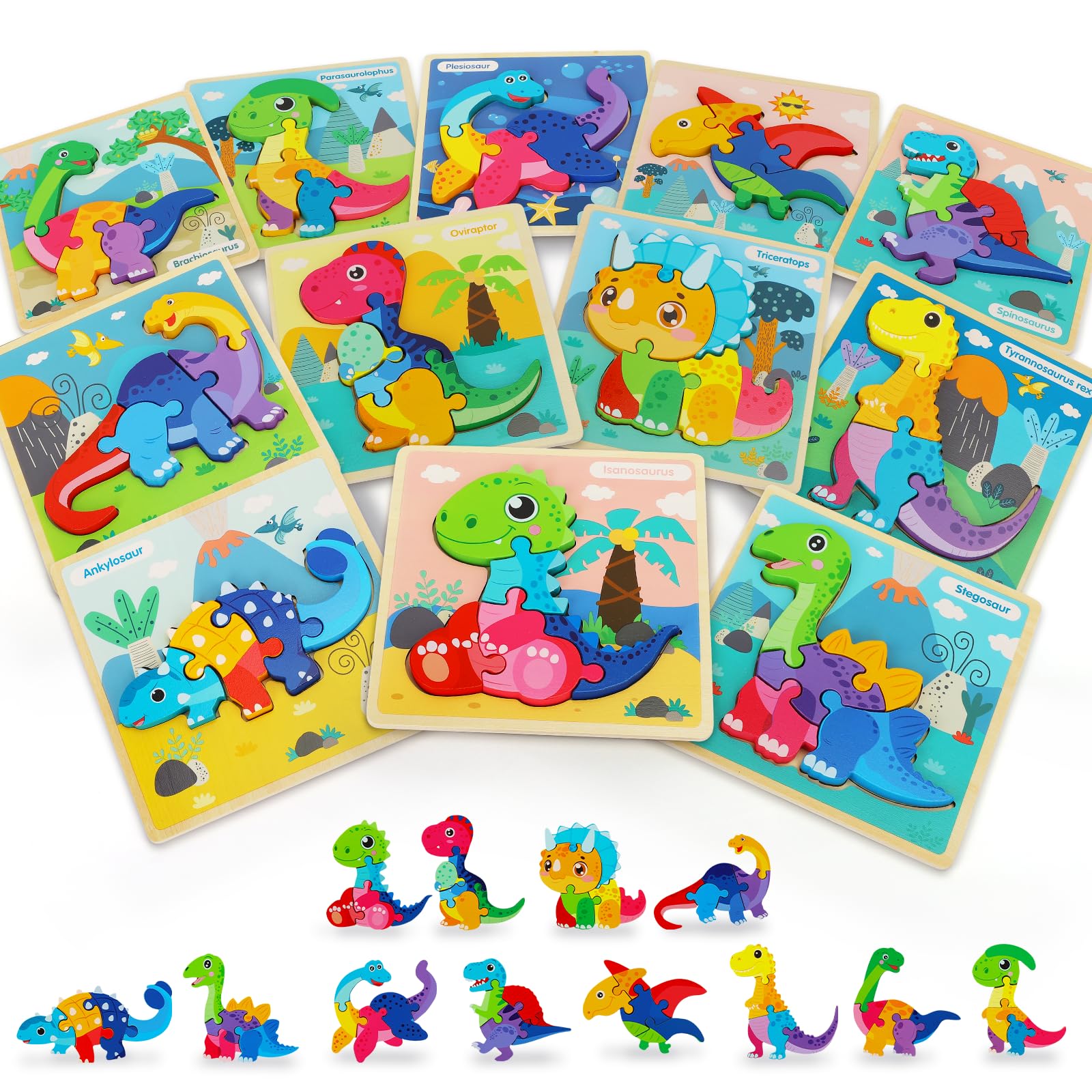 TOY Life dinosaur puzzles 12-pack front view boosts imaginative play and fine motor skills.