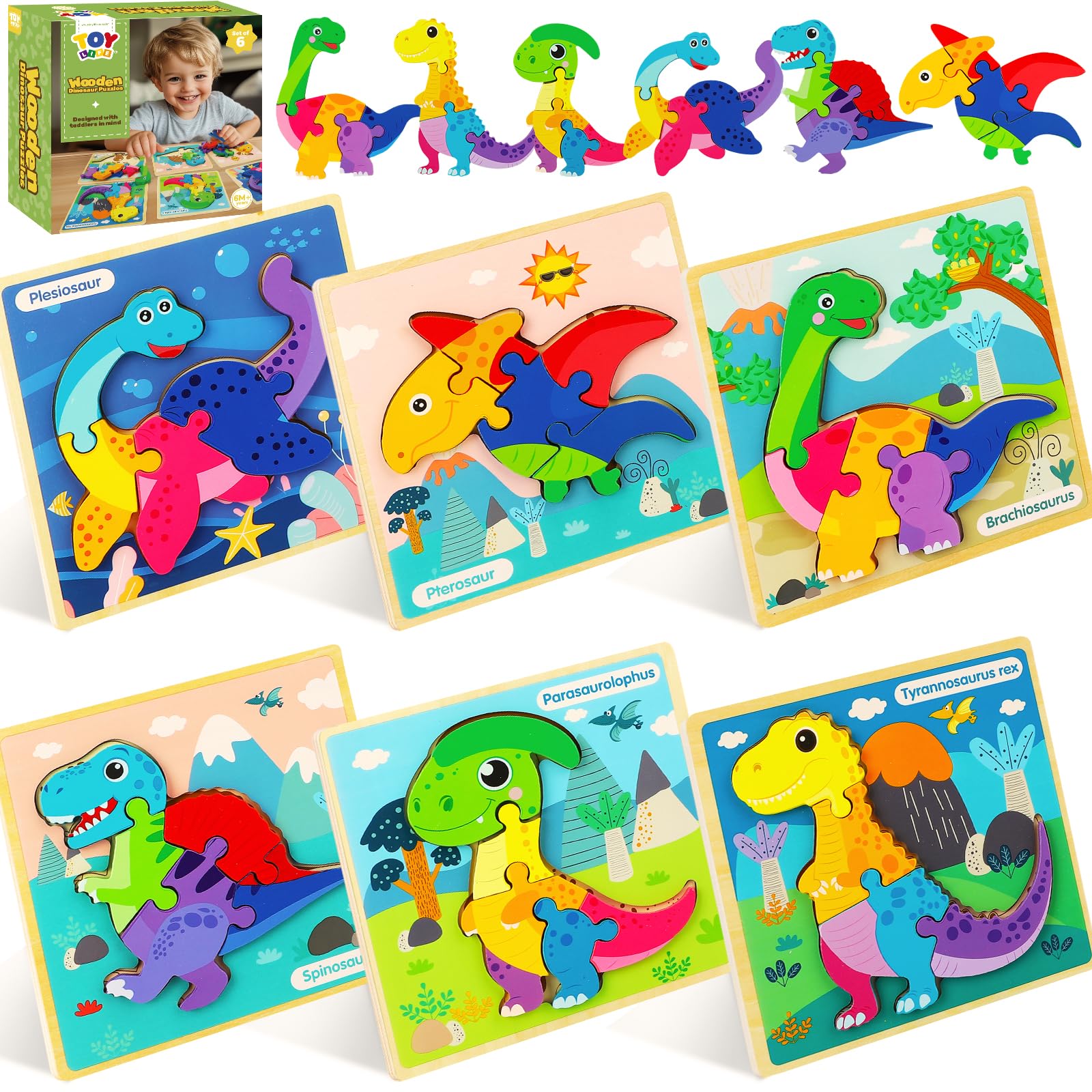 TOY Life Dinosaur Puzzles 6-Pack close-up of colorful wooden pieces for fine motor play