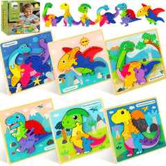 TOY Life Dinosaur Puzzles 6-Pack close-up of colorful wooden pieces for fine motor play