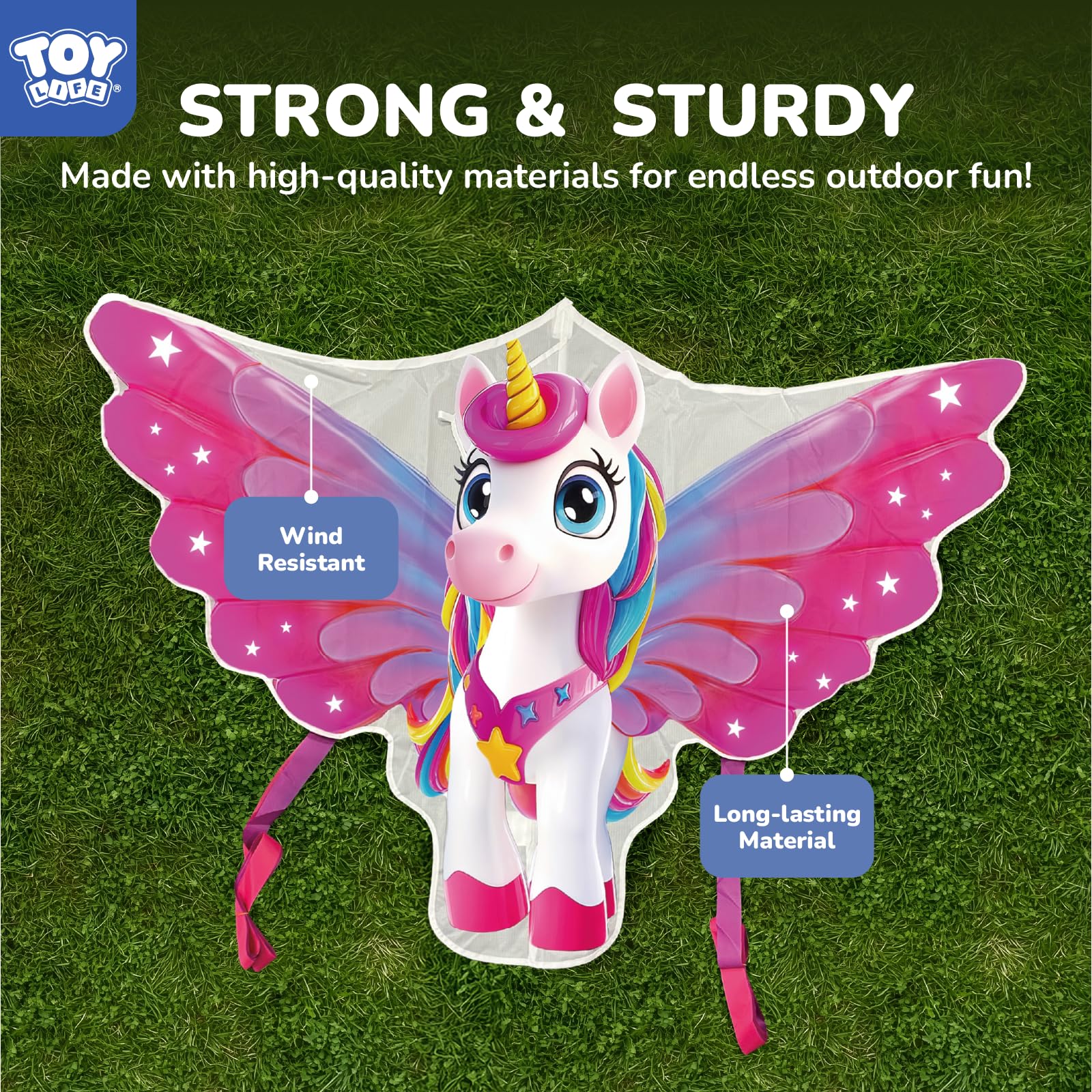 TOY Life durable kite uses ripstop fabric and fiberglass for lasting outdoor use.