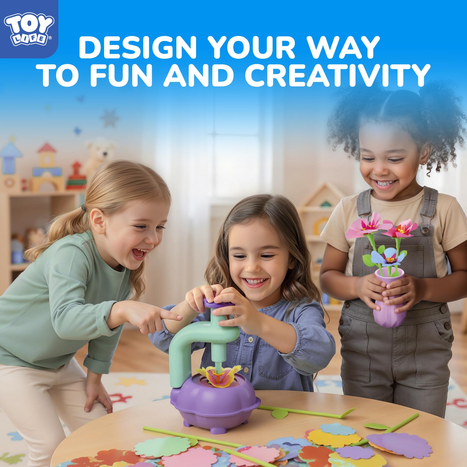 Assorted TOY Life fabric petals helping kids explore color combinations for bouquets.