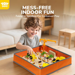 TOY Life foldable sandbox in action, keeping sand contained for indoor fun.