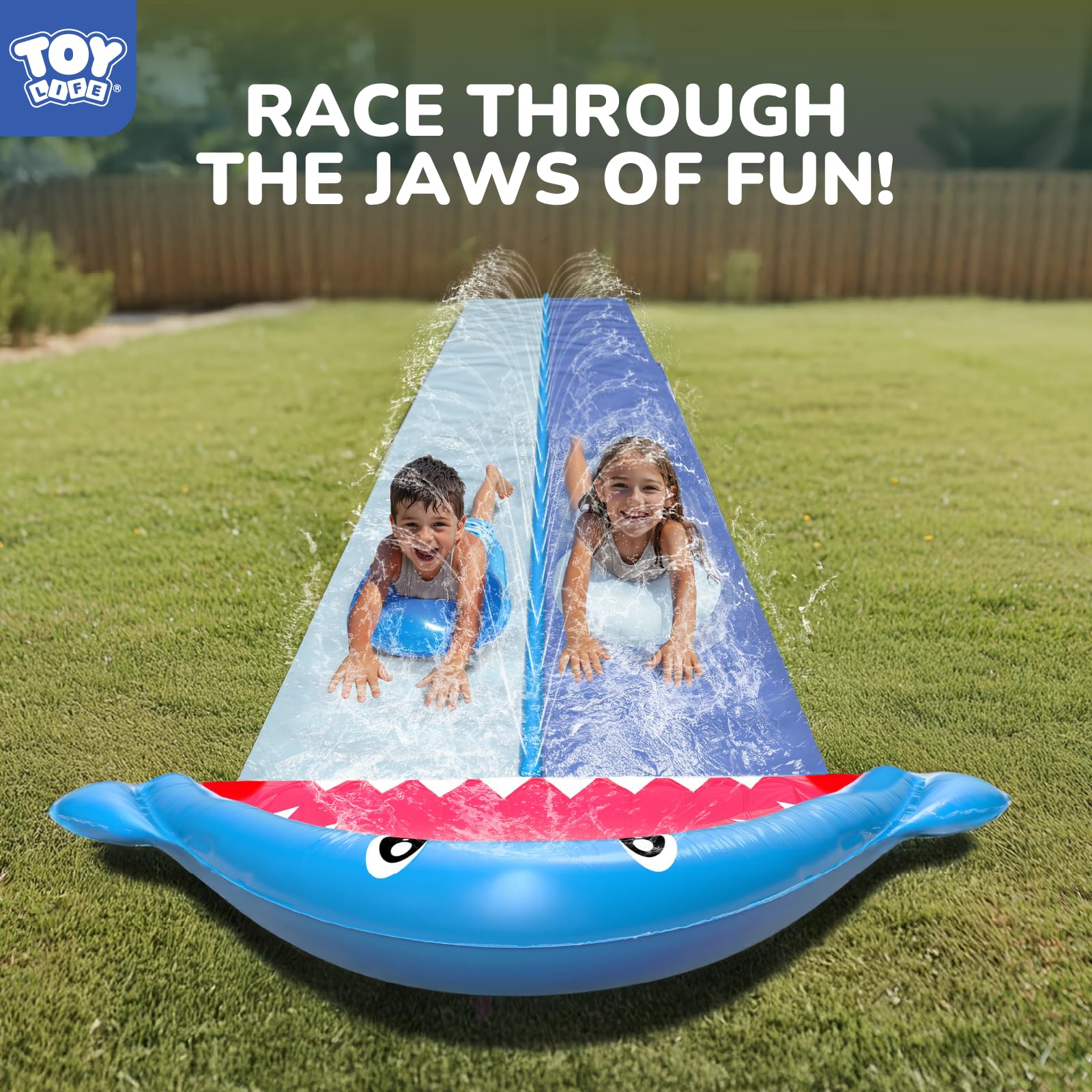 TOY Life Giant Shark Water Slide jaw close-up for eye-catching backyard fun