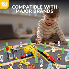 Magnetic crane lifts cargo on TOY Life wooden train set for interactive play