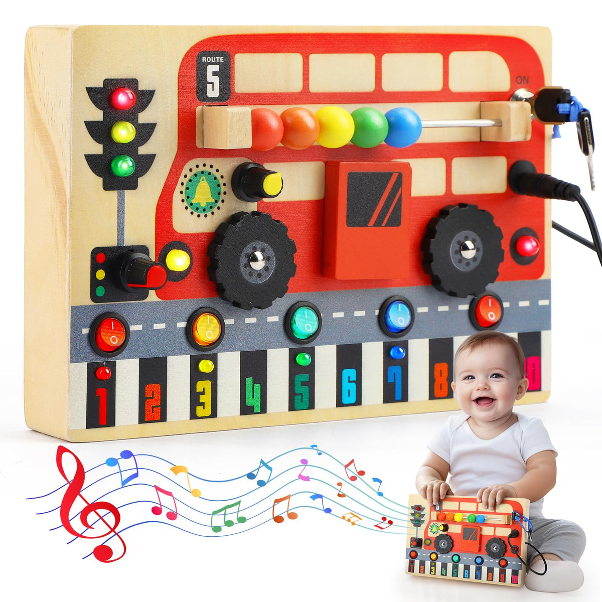 TOY Life Montessori Busy Board front view showcases a bus design for tactile exploration.