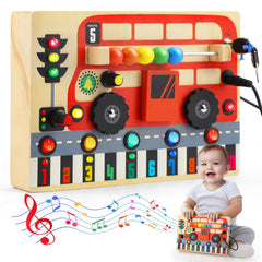 TOY Life Montessori Busy Board front view showcases a bus design for tactile exploration.