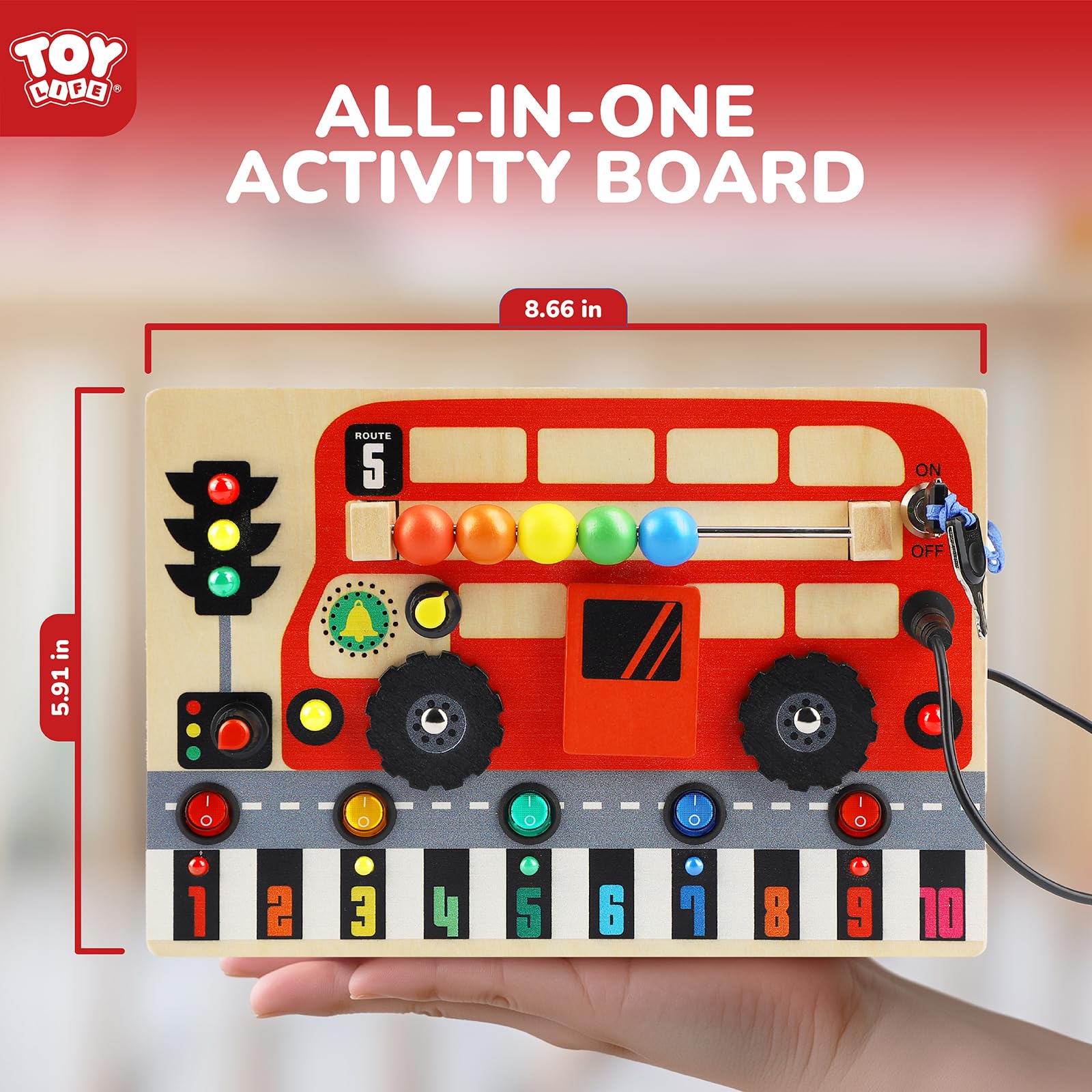 TOY Life Montessori Busy Board travel-friendly design makes on-the-go play easy.