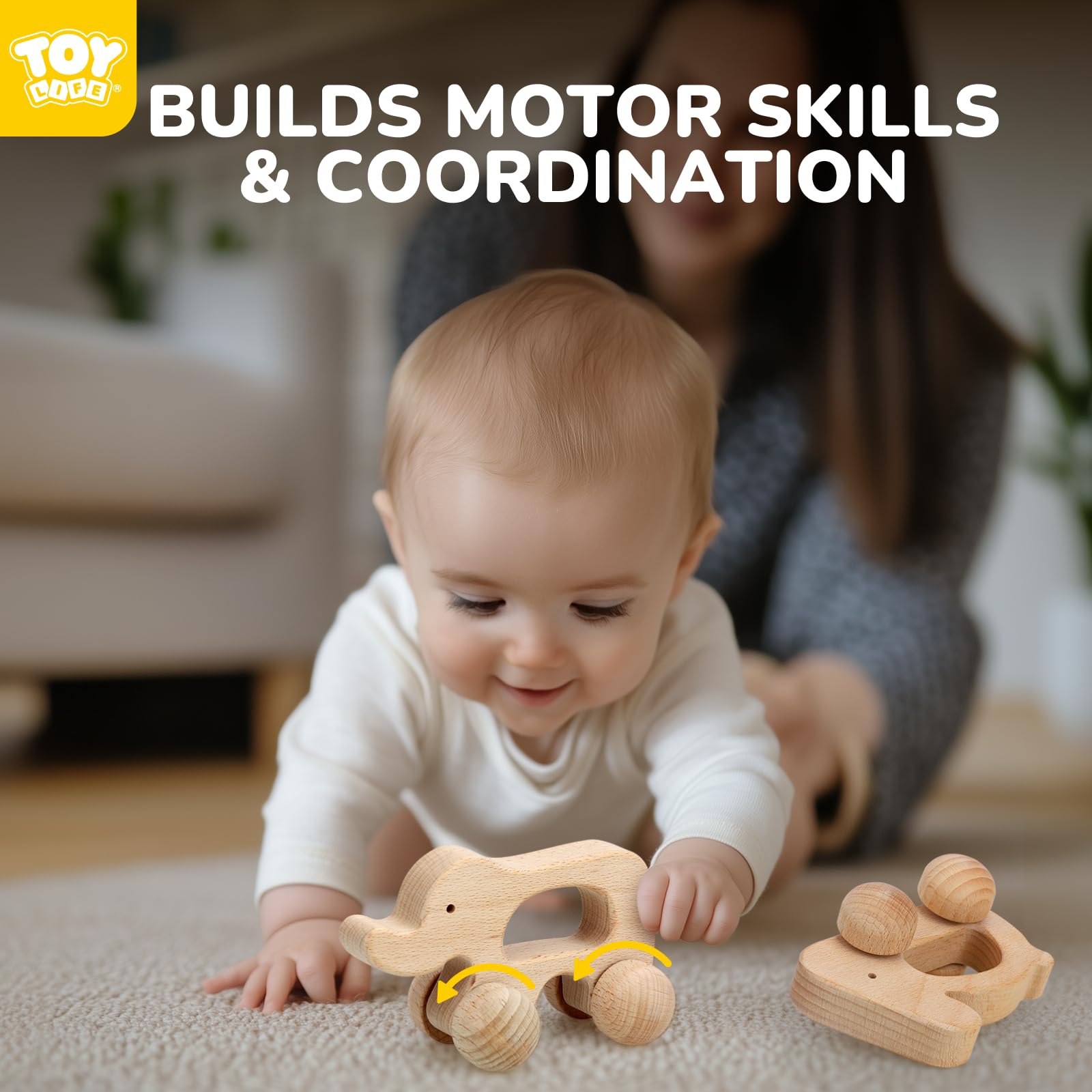 TOY Life sensory wooden car with smooth finish for exploration.