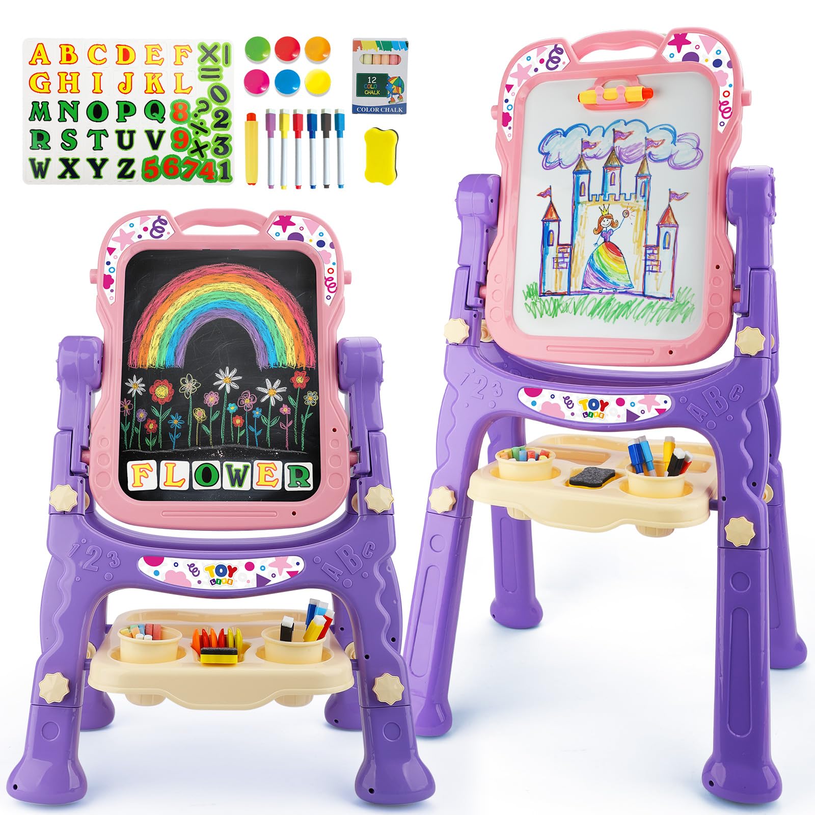 TOY Life pink toddler easel front view shows dual surfaces for art and learning