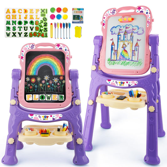 TOY Life pink toddler easel front view shows dual surfaces for art and learning