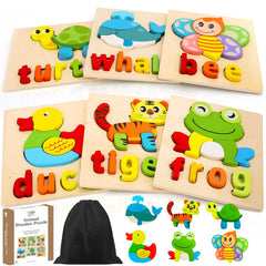 TOY Life animal alphabet puzzle: six-piece wooden jigsaw to develop fine motor skills
