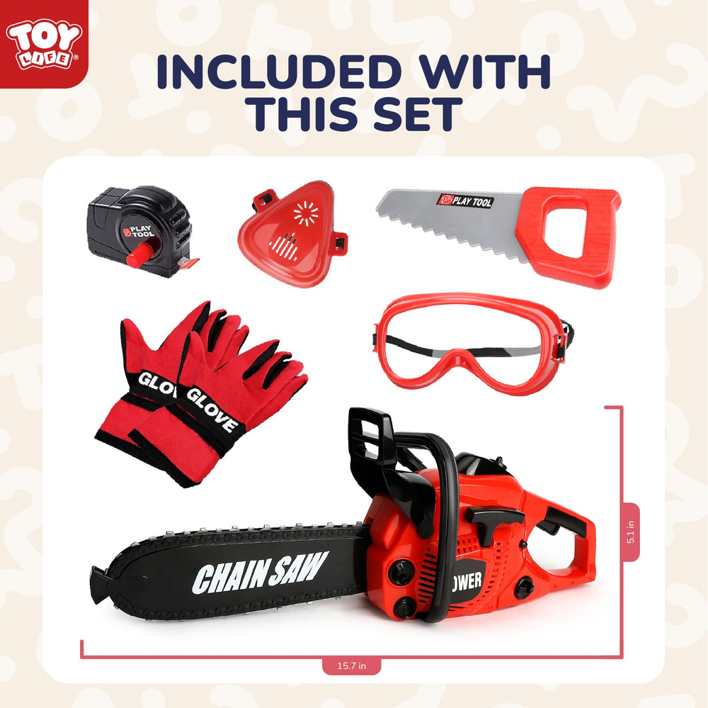 TOY Life battery-operated chainsaw powers ongoing pretend tasks during backyard adventures