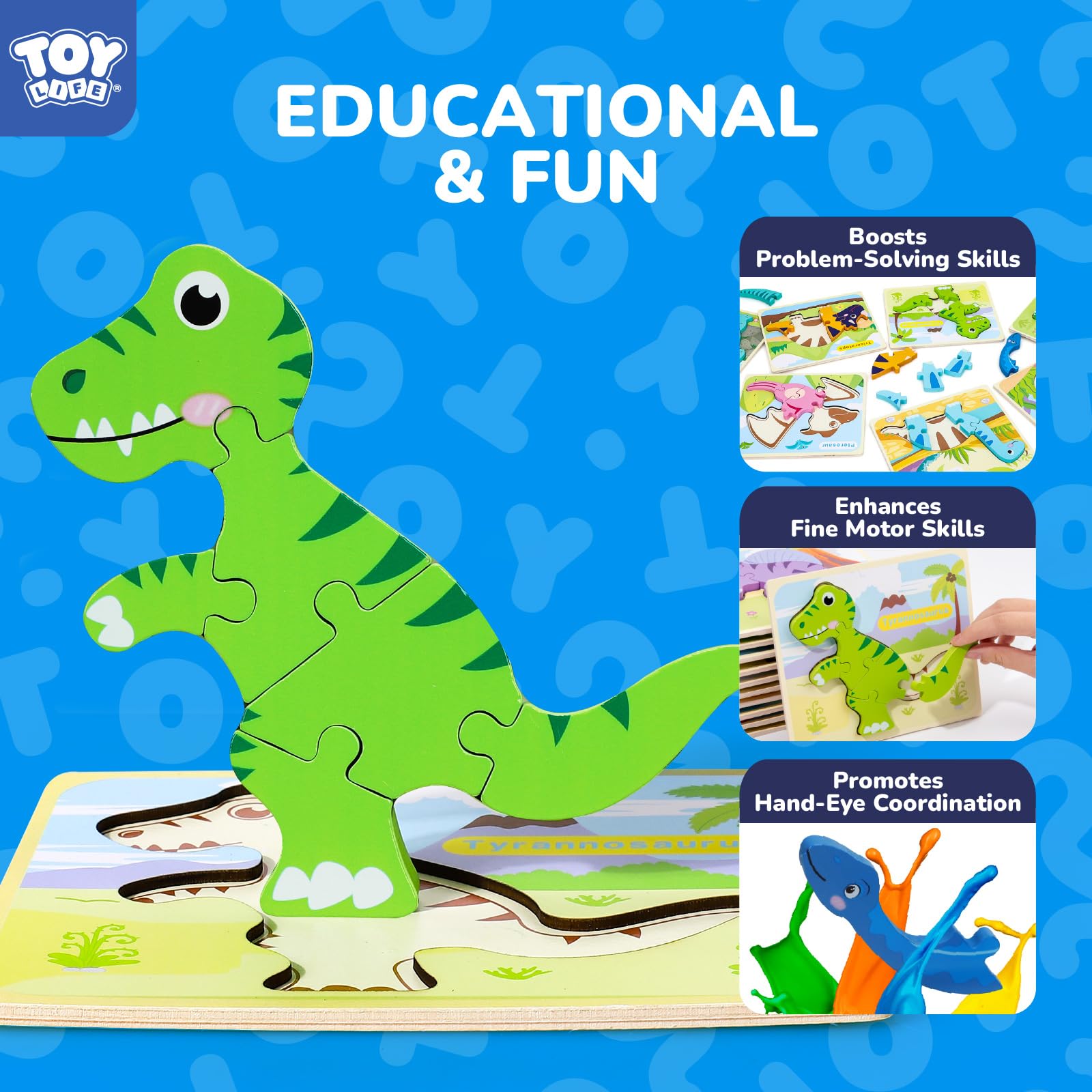 TOY Life wooden dinosaur puzzle with small-hand friendly pieces enhances fine motor control