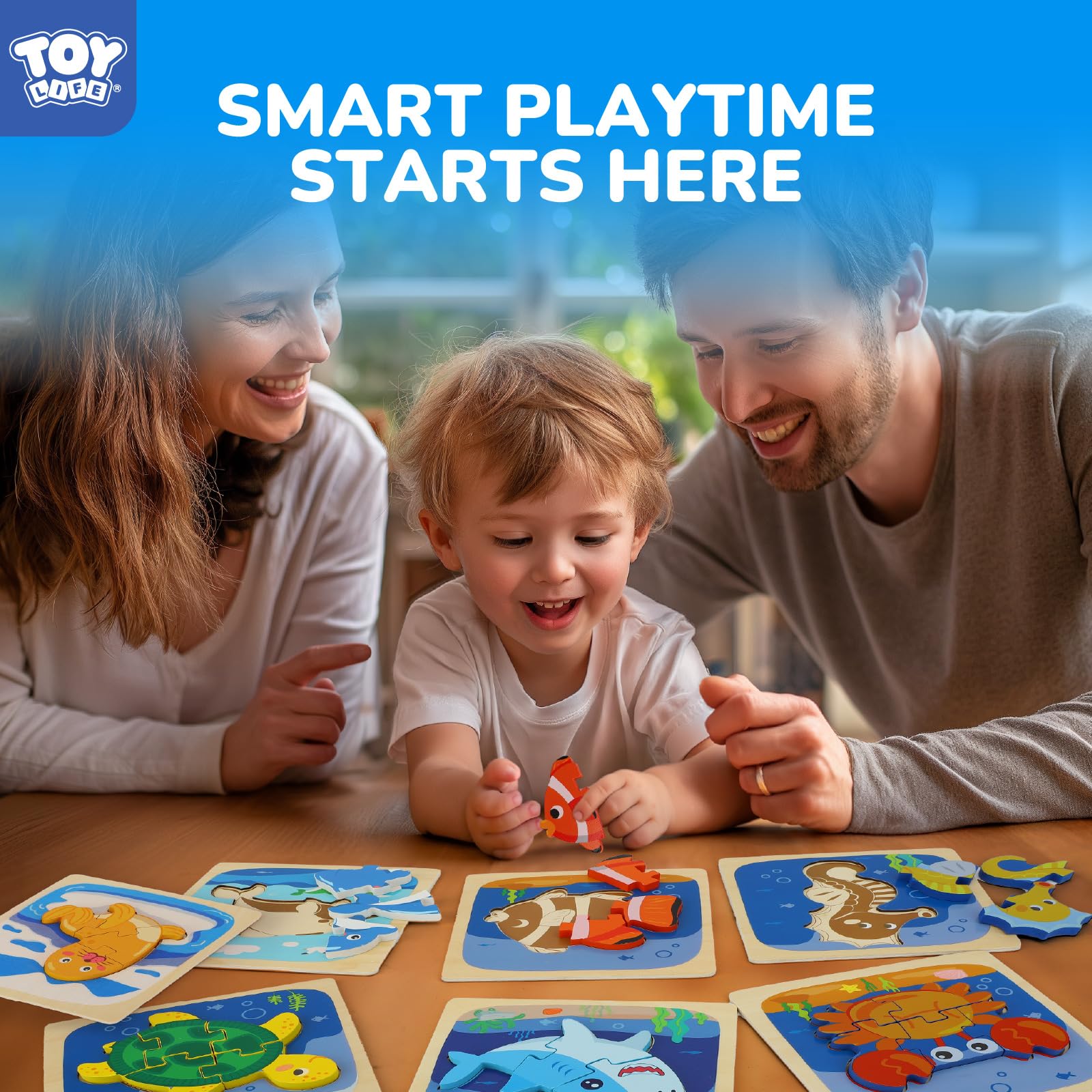 TOY Life wooden puzzle with eight bright shapes supports early color and shape learning.
