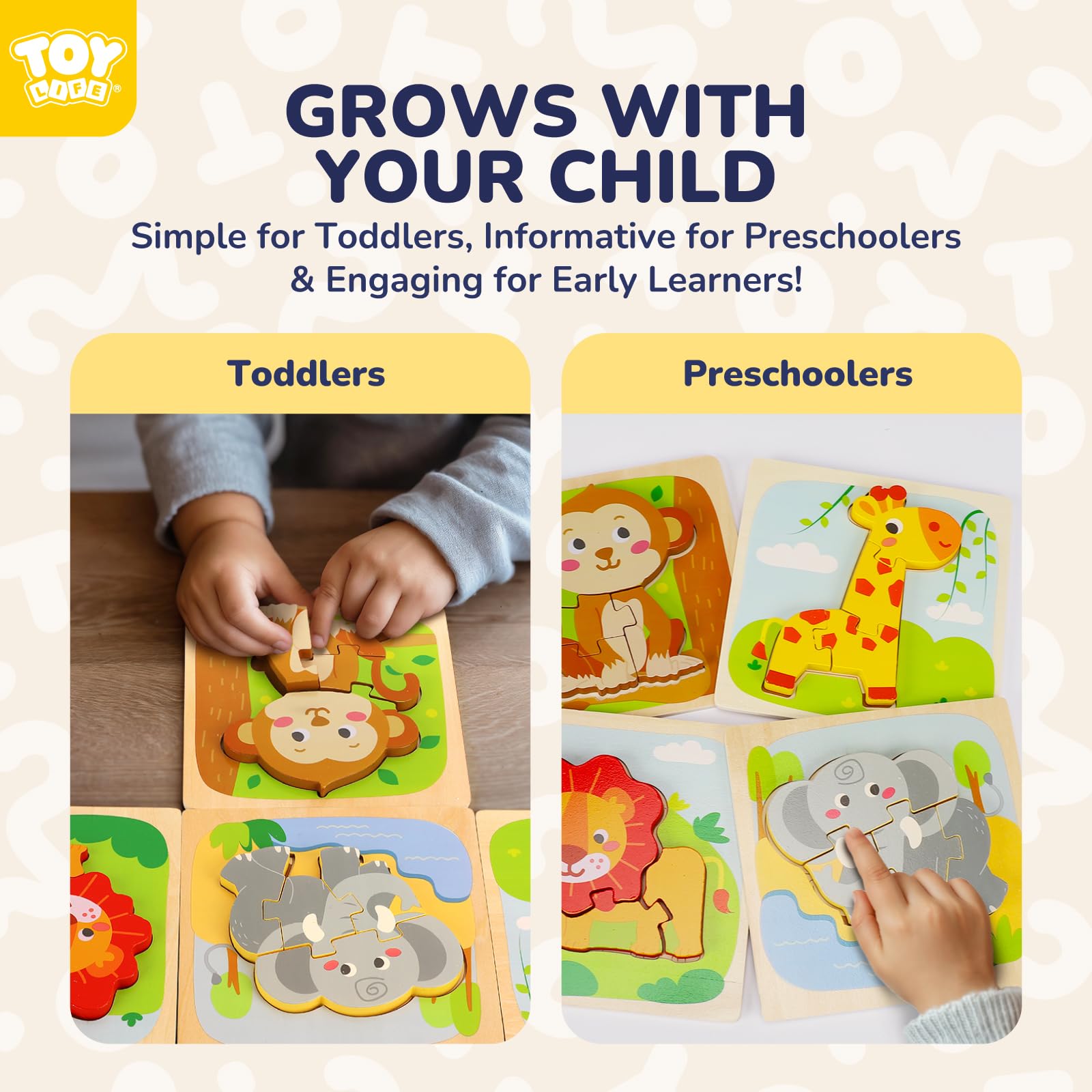 TOY Life colorful wooden puzzle tiles aid early math and shape identification.