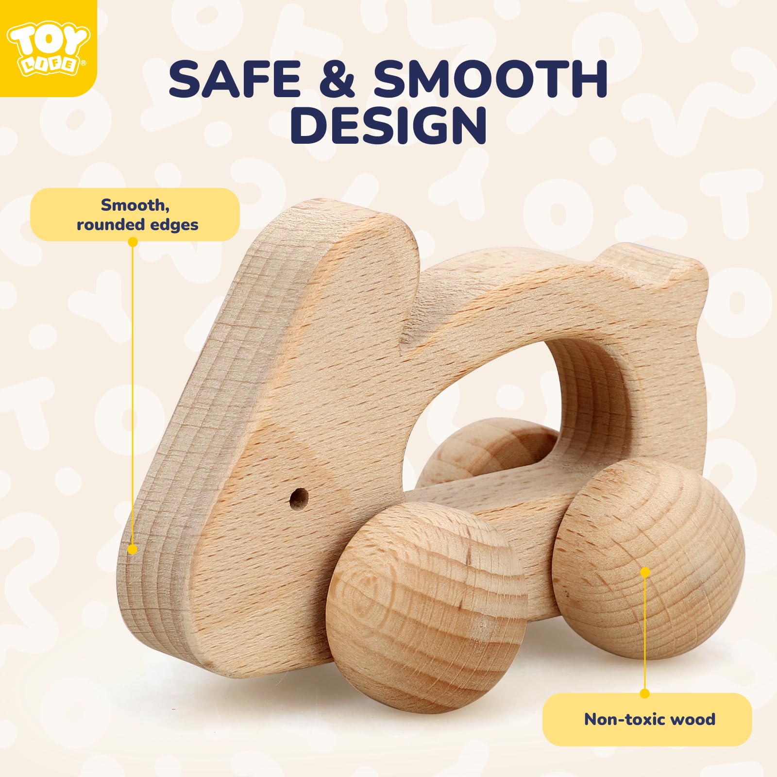 TOY Life wooden teething car with splinter-free finish, safe for gums.