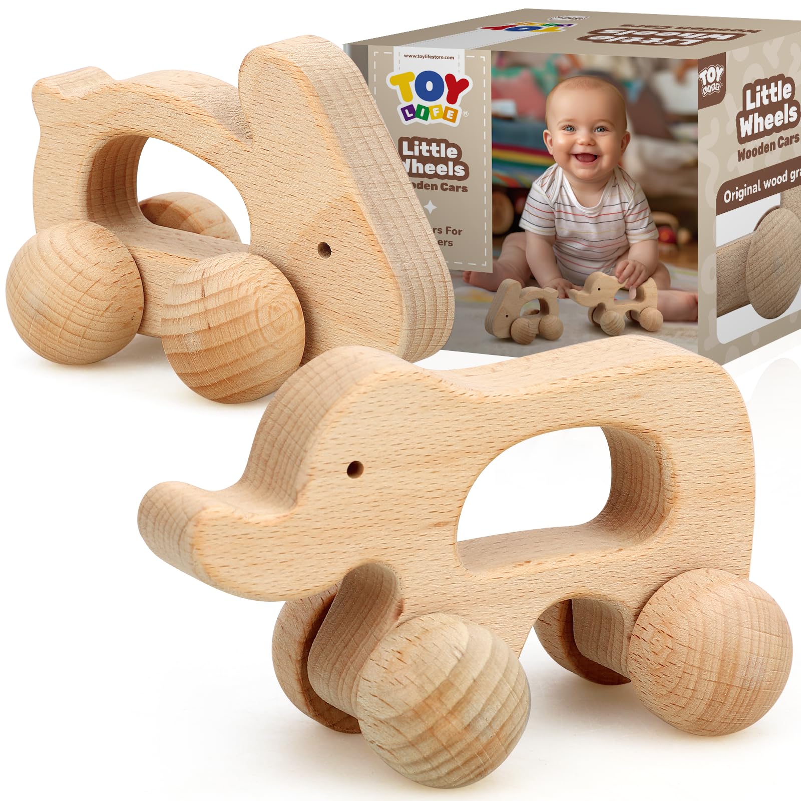 TOY Life wooden toy car for babies 6-12 months, easy grasp and roll.
