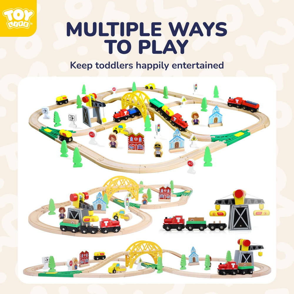 Wooden train cars and oil tank cars on TOY Life track system