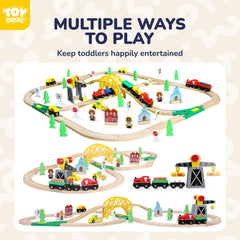 Wooden train cars and oil tank cars on TOY Life track system
