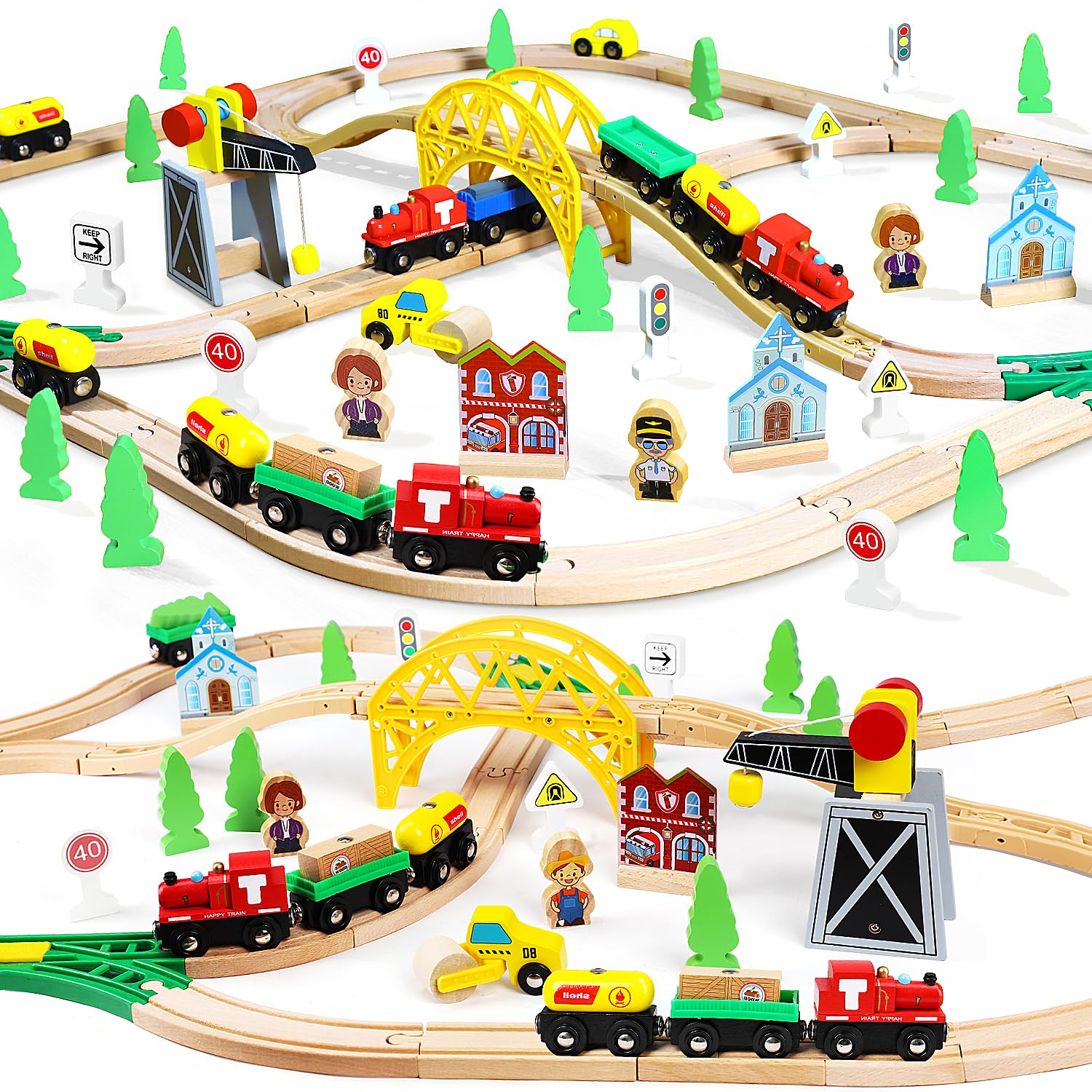 TOY Life wooden train set with crane shown in play-ready layout featuring 60 pieces