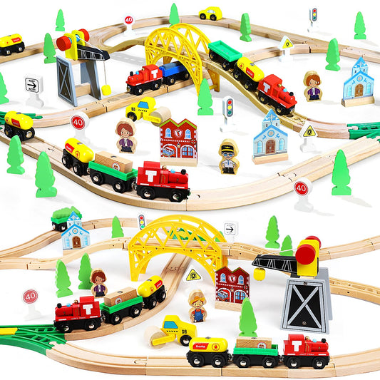TOY Life wooden train set with crane shown in play-ready layout featuring 60 pieces