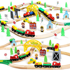 TOY Life wooden train set with crane shown in play-ready layout featuring 60 pieces