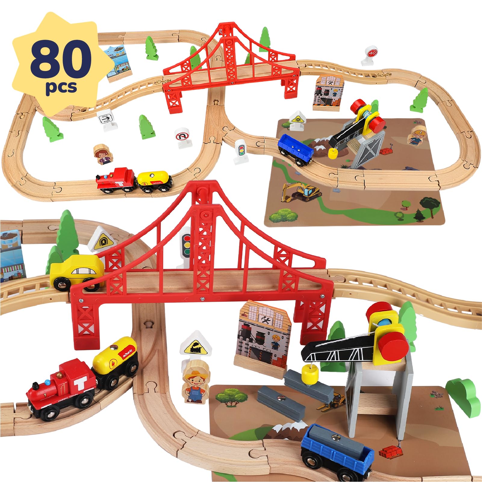 TOY Life wooden train set 80pcs on a colorful mat for creative building.