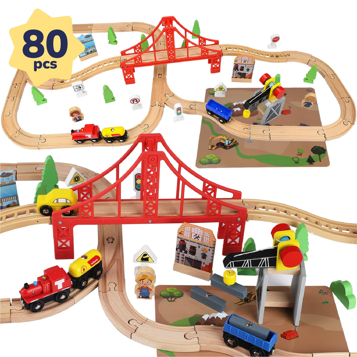 TOY Life wooden train set 80pcs on a colorful mat for creative building.